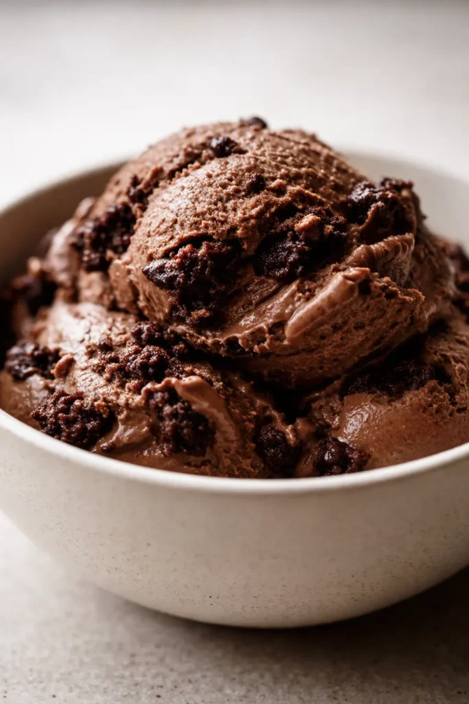 Creamy brownie batter protein ice cream in a bowl with chopped fudgy brownie chunks, rich chocolate color, and smooth thick texture