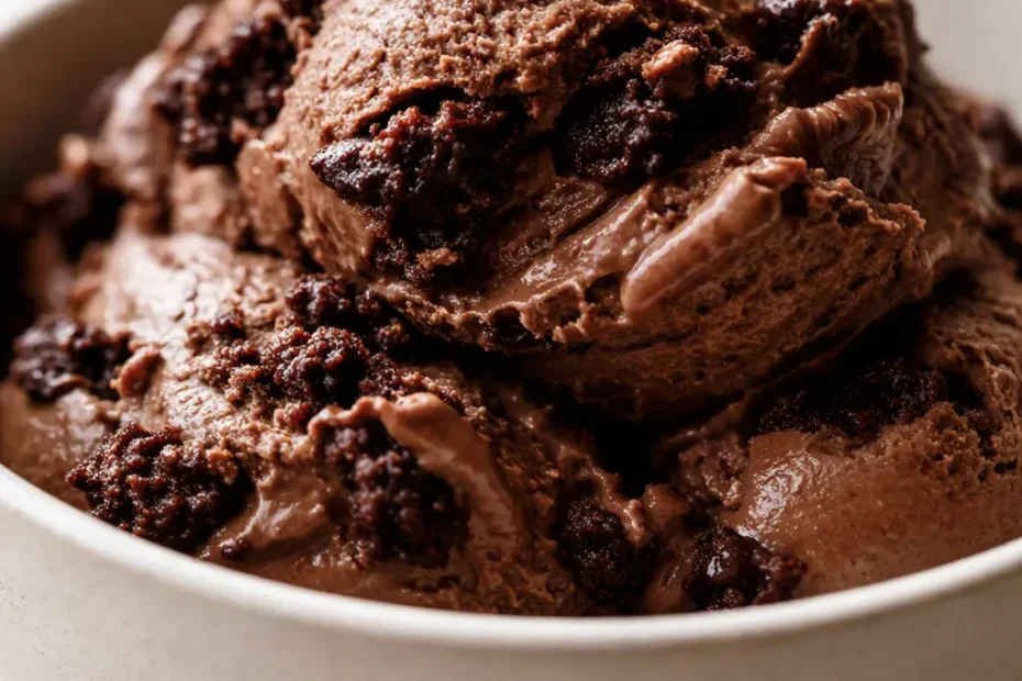 Creamy brownie batter protein ice cream in a bowl with chopped fudgy brownie chunks, rich chocolate color, and smooth thick texture