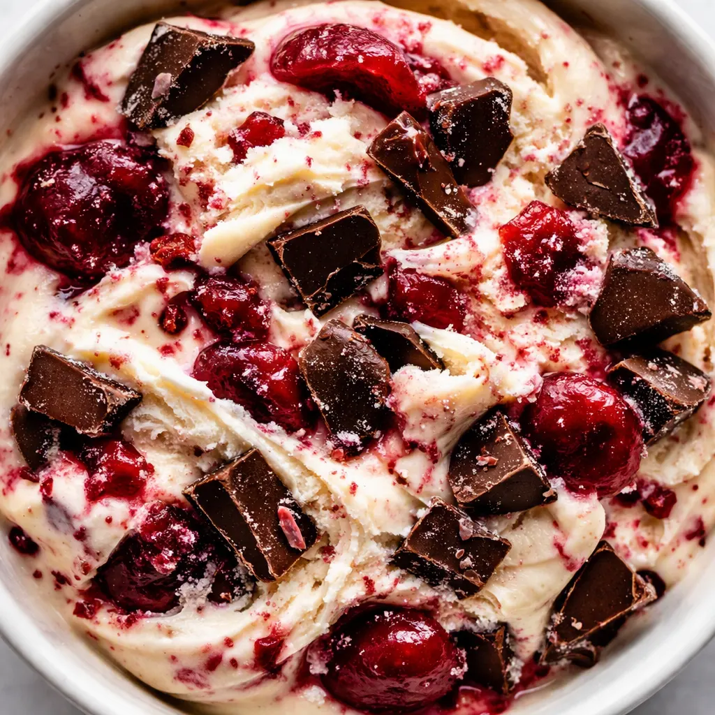 Creamy pink cherry vanilla ice cream churning in a machine with dark chocolate chunks and cherry pieces