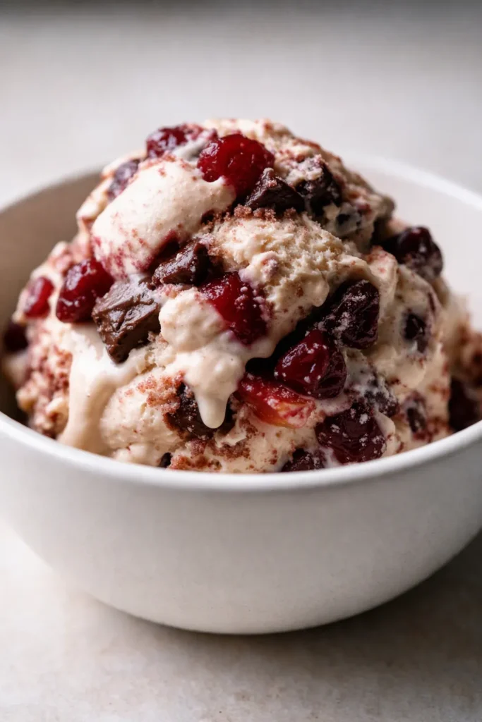Creamy cherry vanilla ice cream with dark chocolate chunks and vibrant red cherries in a chilled glass bowl
