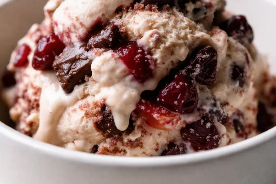 Creamy cherry vanilla ice cream with dark chocolate chunks and vibrant red cherries in a chilled glass bowl