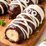 Chocolate banana mummies with dark chocolate coating and white icing bandages on a serving plate.