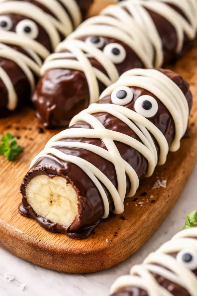 Chocolate banana mummies with dark chocolate coating and white icing bandages on a serving plate.