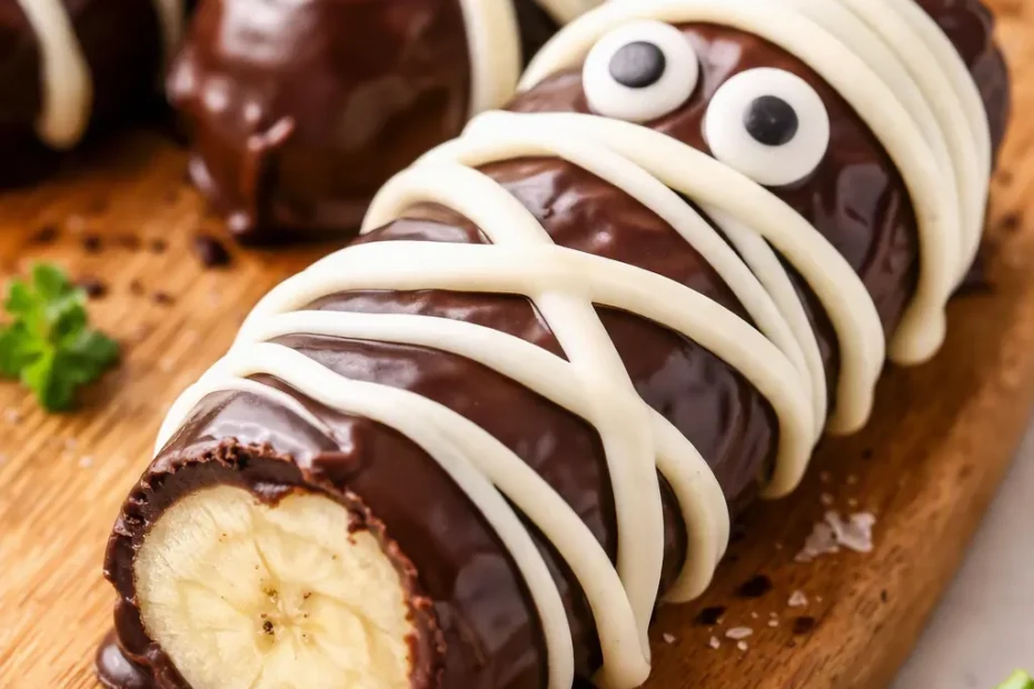 Chocolate banana mummies with dark chocolate coating and white icing bandages on a serving plate.