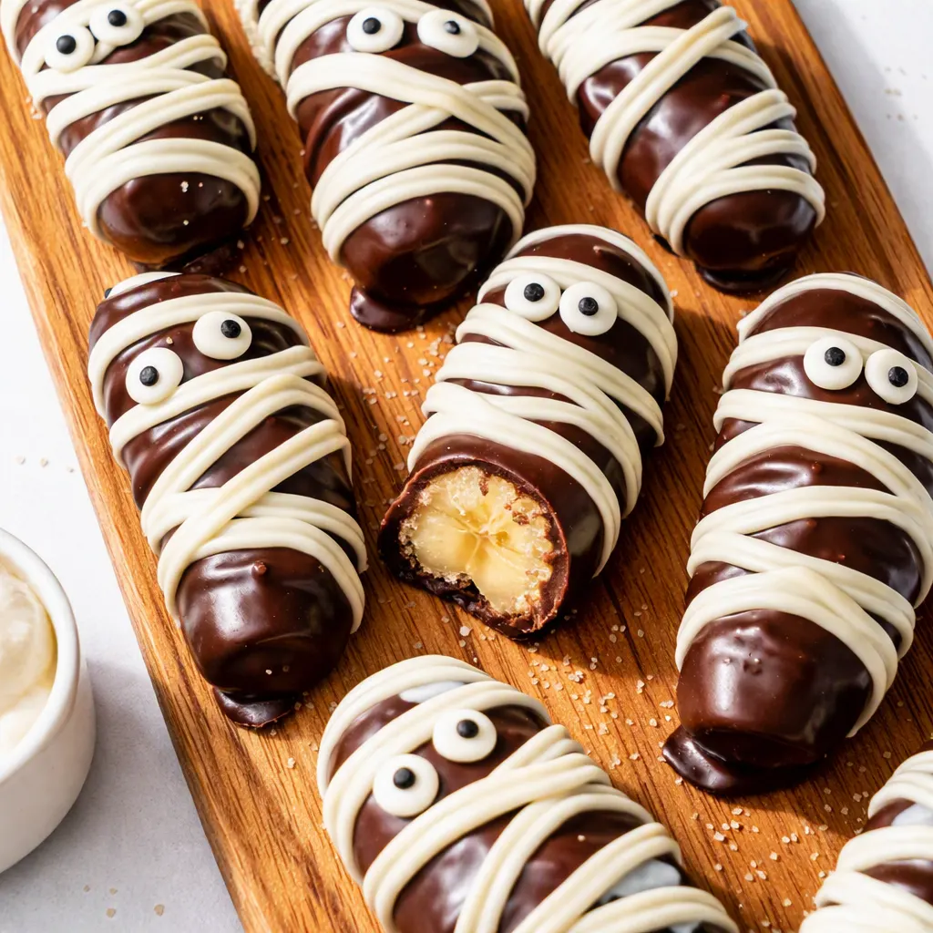 Chocolate banana mummies being drizzled with melted chocolate, showing a smooth brown coating and white mummy wrap.