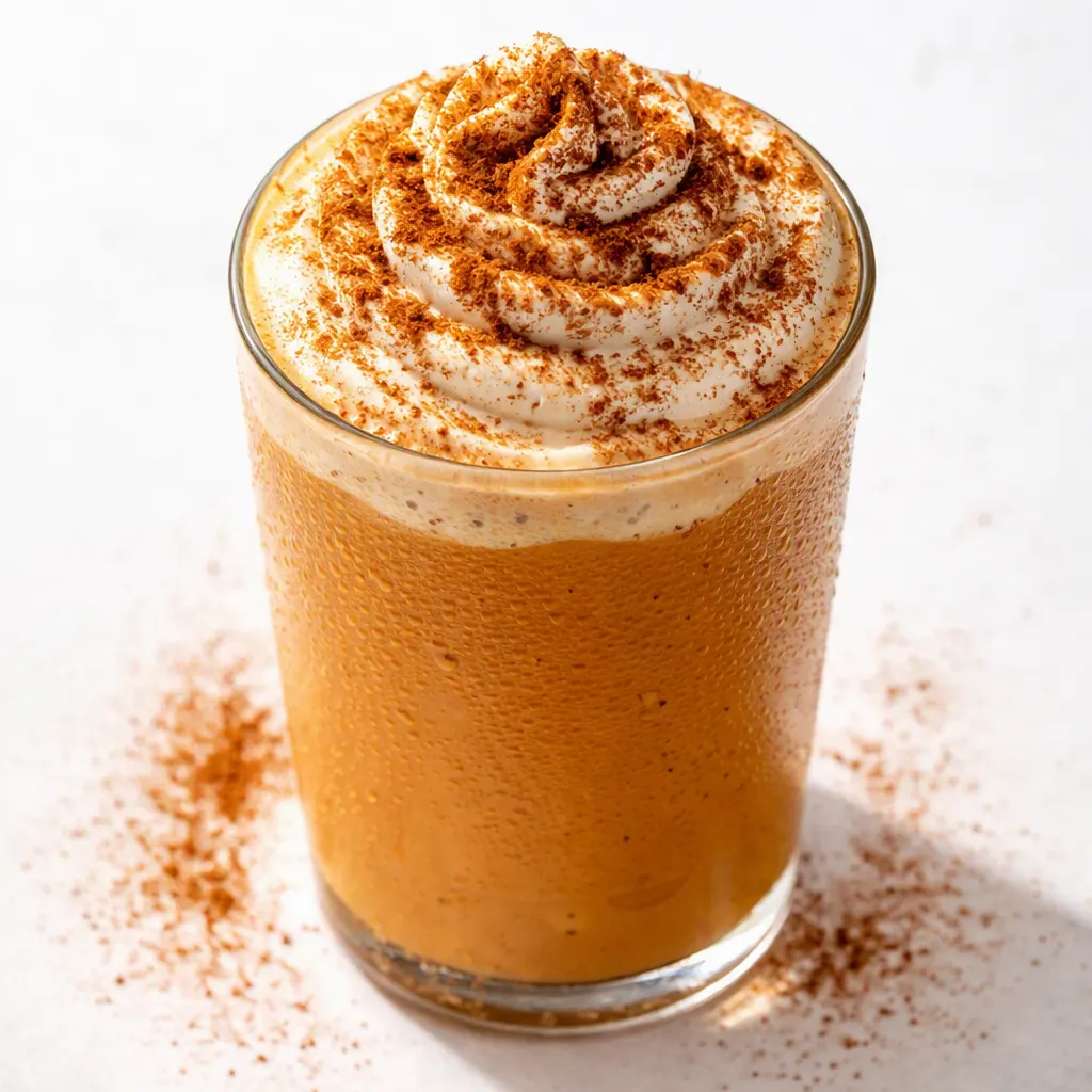Pumpkin spice frappuccino copycat being blended with ice, revealing creamy orange-brown texture and fall spice swirl.