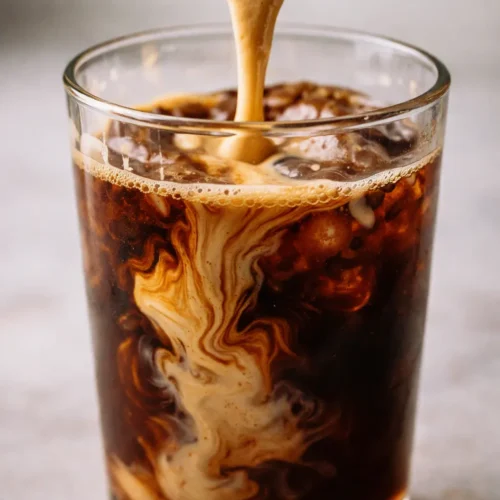 Dairy-free pumpkin cream cold brew in a tall glass, creamy orange pumpkin foam layered over dark cold brew coffee
