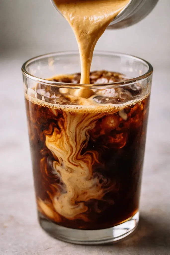 Dairy-free pumpkin cream cold brew in a tall glass, creamy orange pumpkin foam layered over dark cold brew coffee