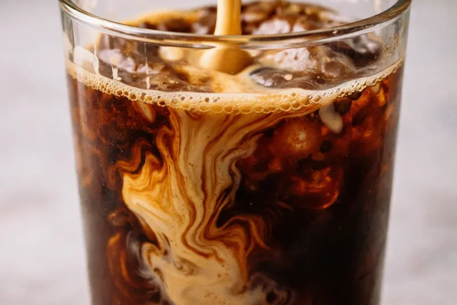 Dairy-free pumpkin cream cold brew in a tall glass, creamy orange pumpkin foam layered over dark cold brew coffee