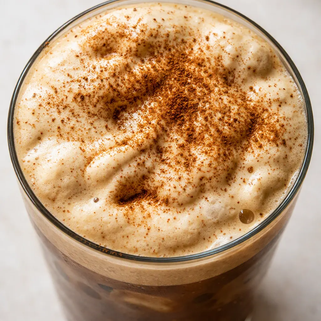 Smooth orange pumpkin cream whisked with oat milk, maple syrup, and spices for dairy-free cold brew