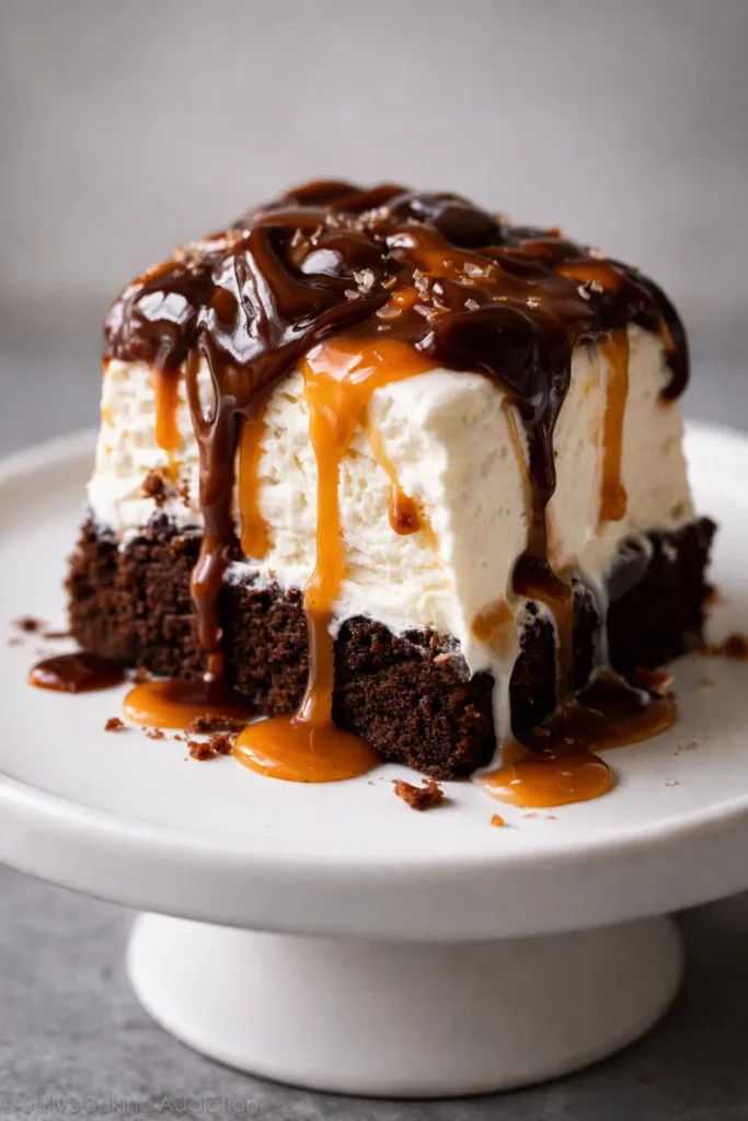 Easy brownie ice cream cake slice with fudgy brownie, creamy vanilla ice cream, Oreo chunks, and glossy hot fudge