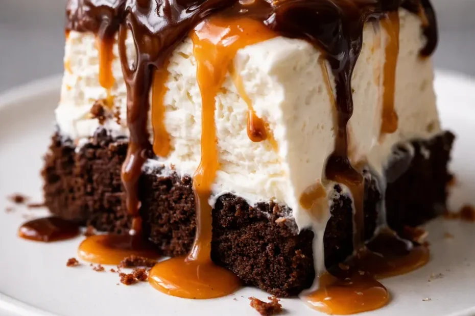 Easy brownie ice cream cake slice with fudgy brownie, creamy vanilla ice cream, Oreo chunks, and glossy hot fudge