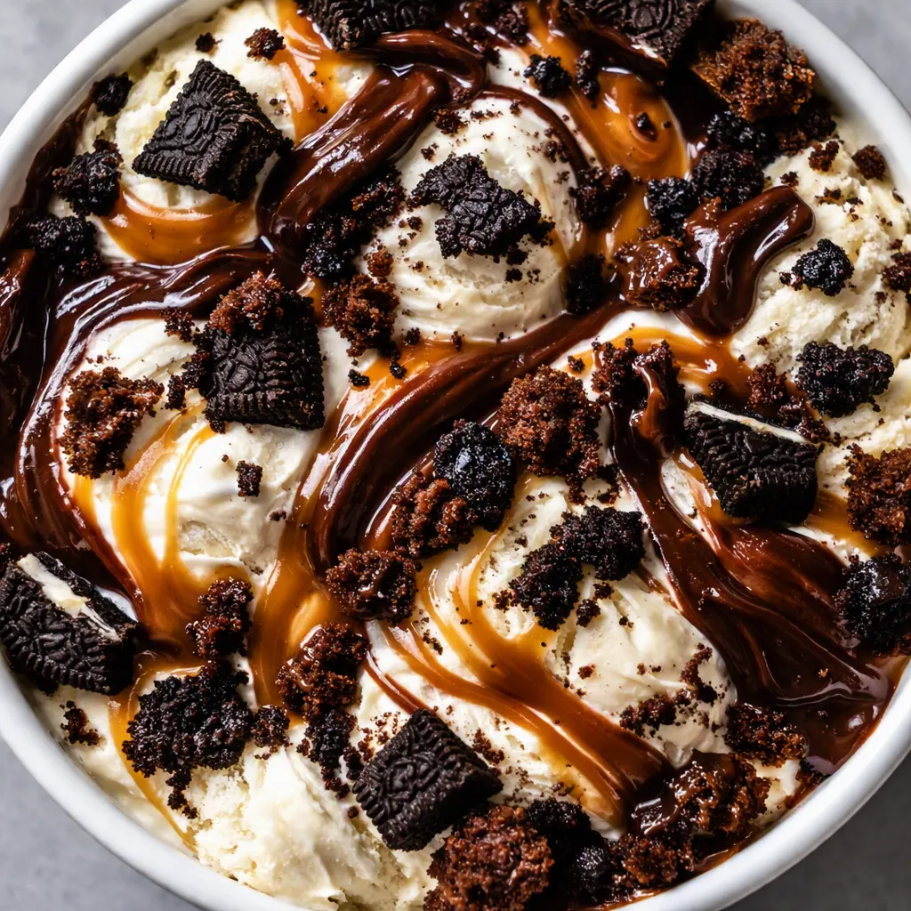 Scooping creamy vanilla ice cream onto a fudgy brownie layer with crushed Oreos and hot fudge for an easy brownie ice cream cake