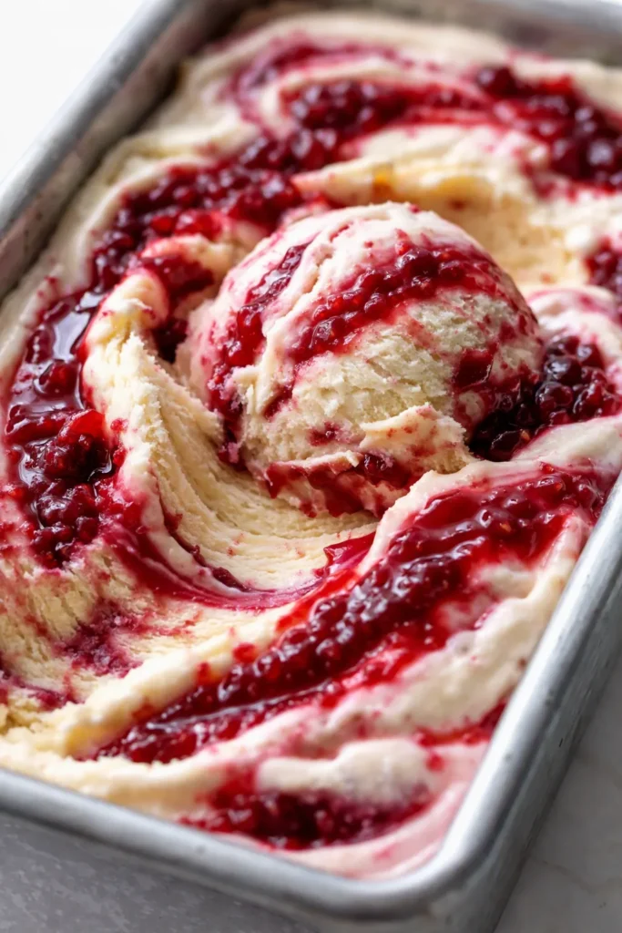 Creamy raspberry swirl ice cream with bright red ribbons against a pale pink base, smooth and velvety texture in a glass bowl.