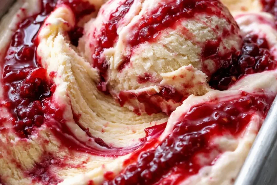 Creamy raspberry swirl ice cream with bright red ribbons against a pale pink base, smooth and velvety texture in a glass bowl.