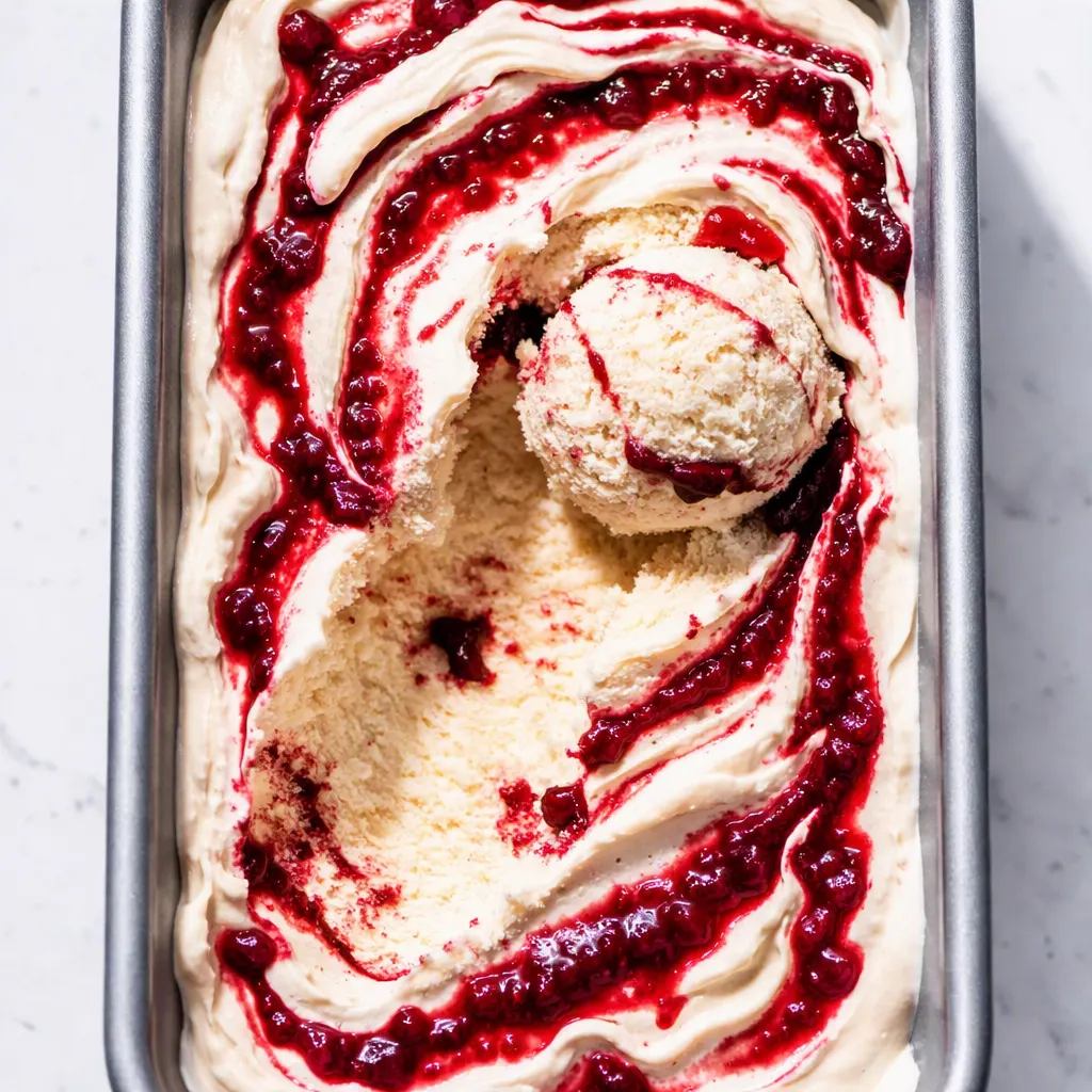 Creamy homemade raspberry swirl ice cream being churned in a machine, showing vibrant red ribbons and smooth texture.