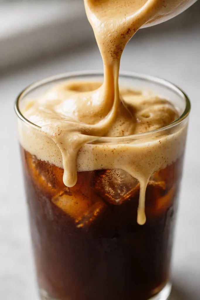 Iced chai latte with creamy pumpkin cold foam, layered milk and spiced tea, topped with airy orange foam