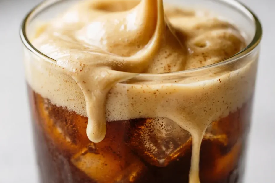 Iced chai latte with creamy pumpkin cold foam, layered milk and spiced tea, topped with airy orange foam