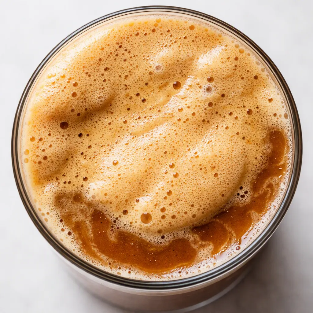 Pouring creamy pumpkin cold foam over a glass of iced chai latte, showing the smooth, spiced swirl