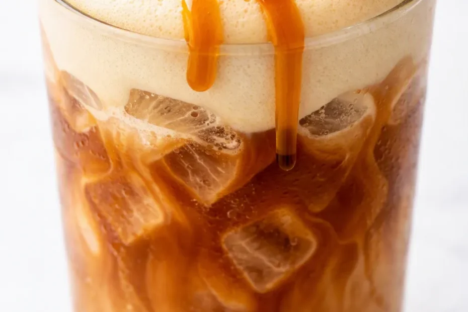 Iced pumpkin chai latte with almond milk, creamy orange-brown drink in a tall glass with ice and cinnamon on top.