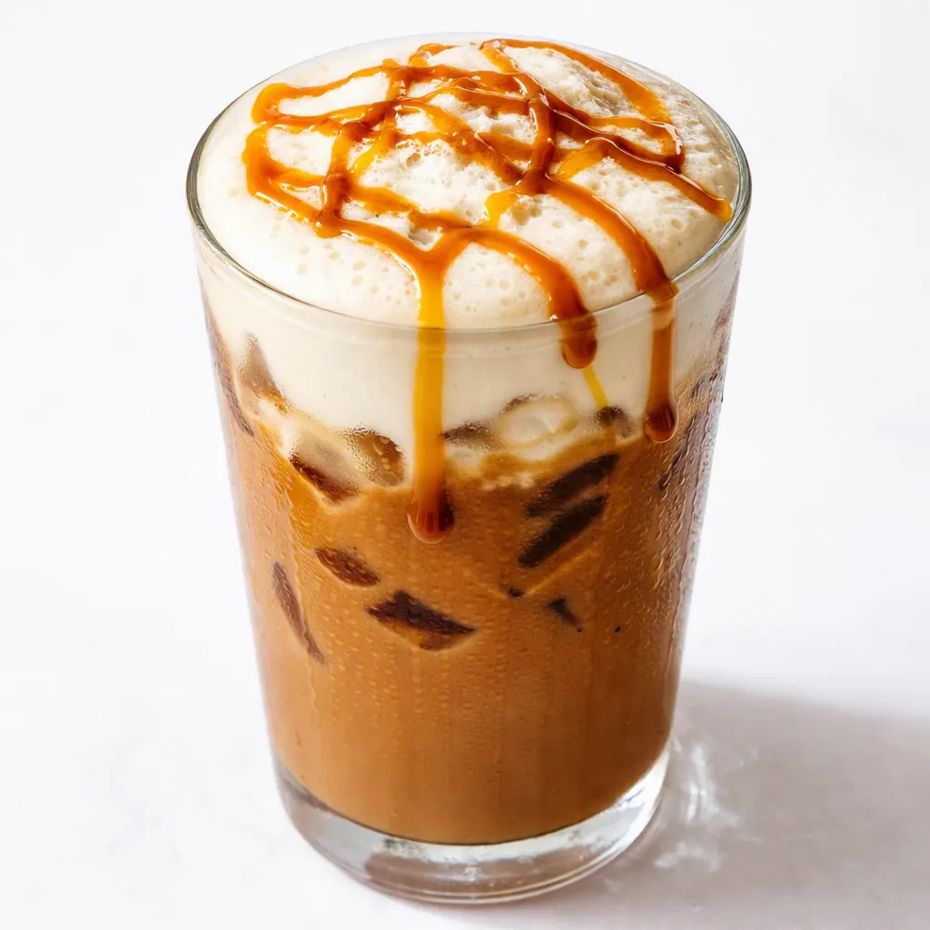 Iced pumpkin chai latte with almond milk being poured over ice in a tall glass, rich orange color and creamy texture.