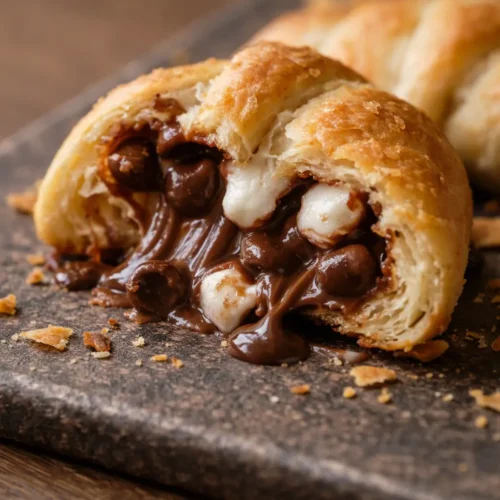Golden baked s'mores crescent rolls topped with melty chocolate chips, toasted mini marshmallows, and crushed graham crackers
