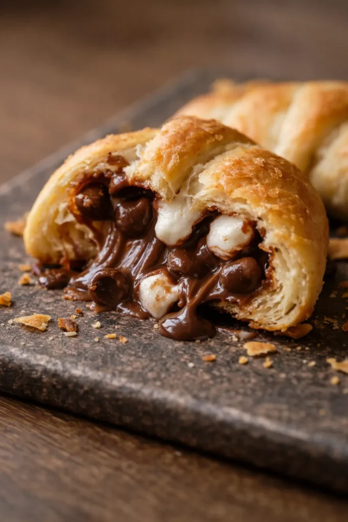 Golden baked s'mores crescent rolls topped with melty chocolate chips, toasted mini marshmallows, and crushed graham crackers