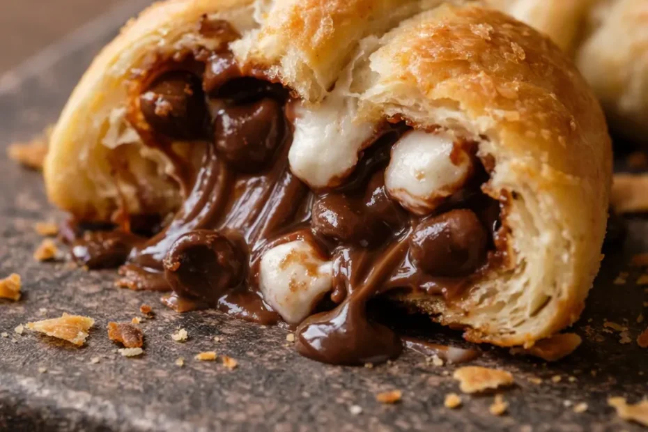Golden baked s'mores crescent rolls topped with melty chocolate chips, toasted mini marshmallows, and crushed graham crackers