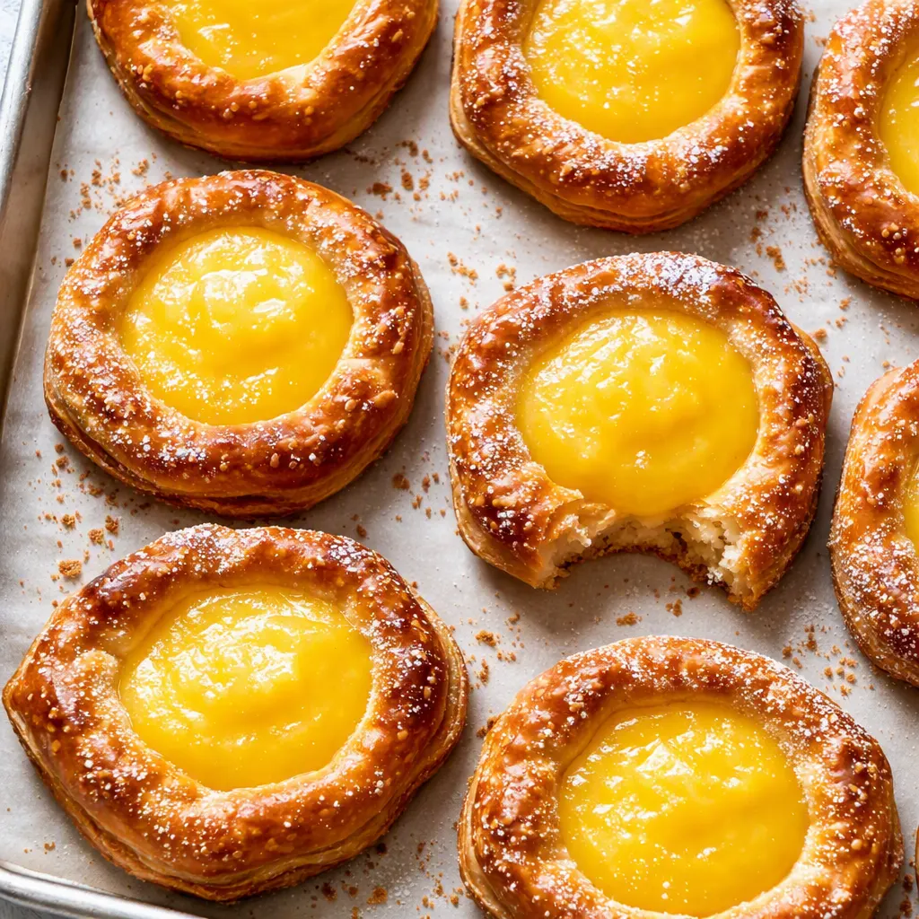 Flaky, buttery puff pastry tarts filled with lemon curd, golden crisp edges visible as they bake on a sheet.