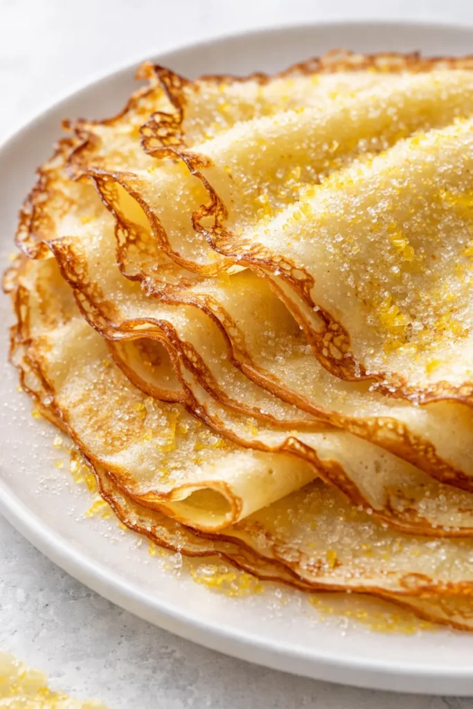 Lemon sugar crepes stacked on a plate, showing tender texture, crisp golden edges, and a light dusting of sugar.