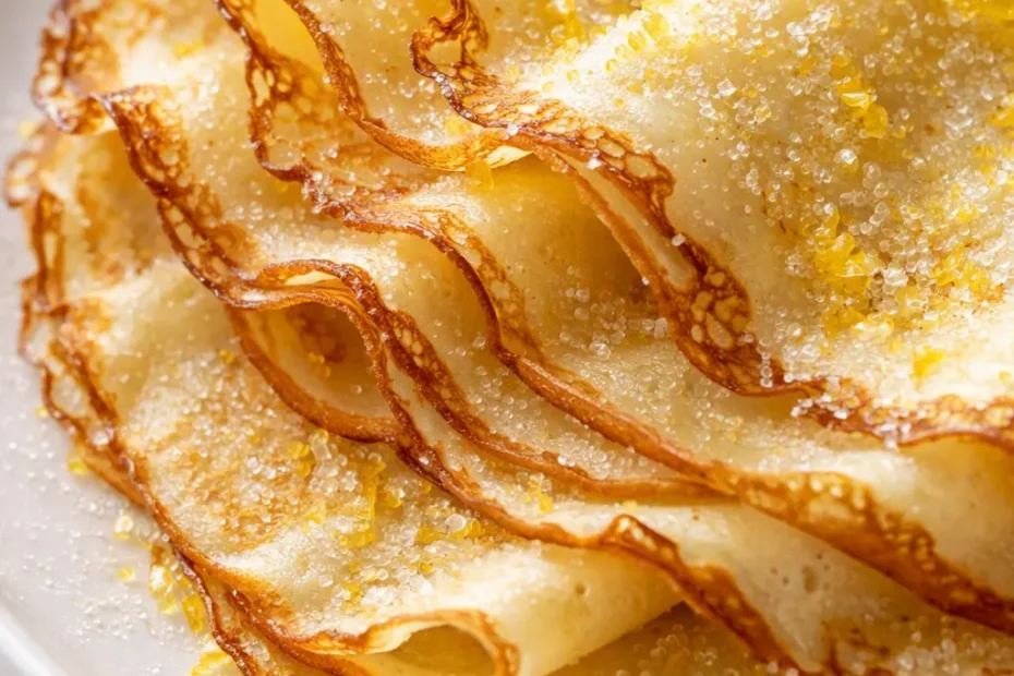 Lemon sugar crepes stacked on a plate, showing tender texture, crisp golden edges, and a light dusting of sugar.