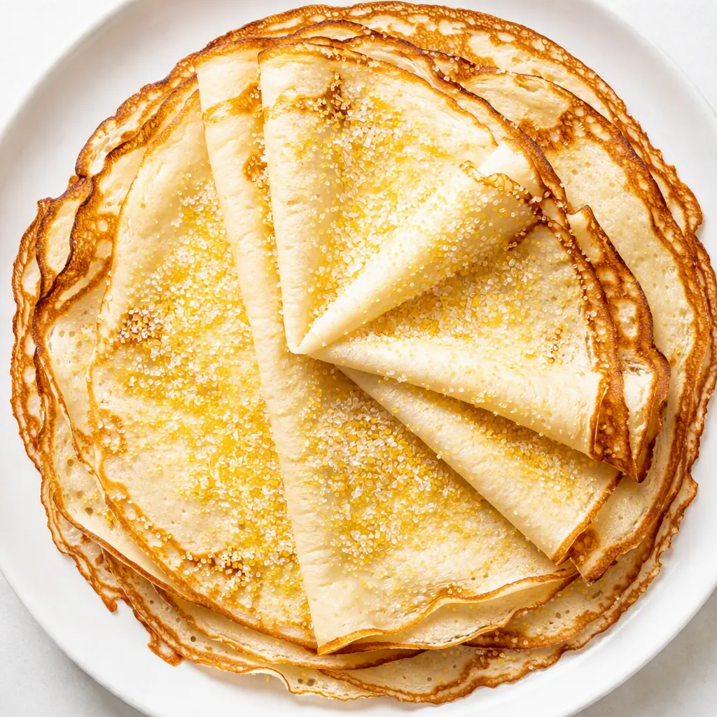 Pouring batter for lemon sugar crepes into a hot skillet, edges turning golden and crisp with lemon zest.