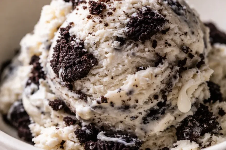 Creamy Ninja Creami cookies and cream ice cream in a bowl, swirled with chocolate Oreo chunks and a smooth, velvety texture