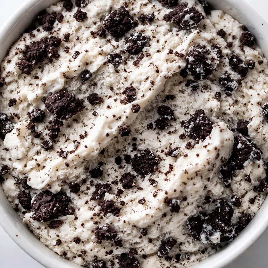 Smooth white Ninja Creami cookies and cream ice cream base with crushed Oreo pieces in a bowl