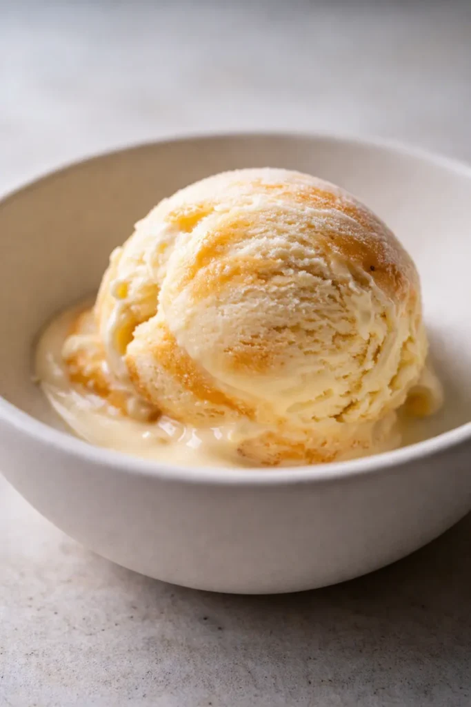 Scoops of orange creamsicle ice cream in a white bowl, creamy texture with swirled orange and vanilla colors