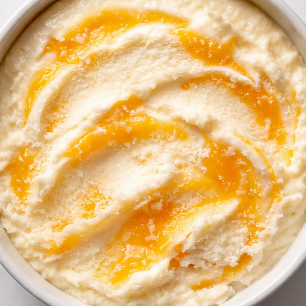 Creamy orange creamsicle ice cream mixture churning in an ice cream maker, pale orange and smooth
