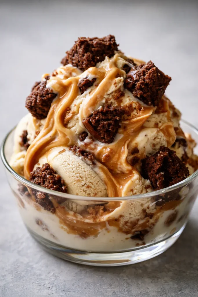 Creamy peanut butter brownie ice cream with fudgy brownie chunks and a peanut butter swirl, served in a chilled bowl
