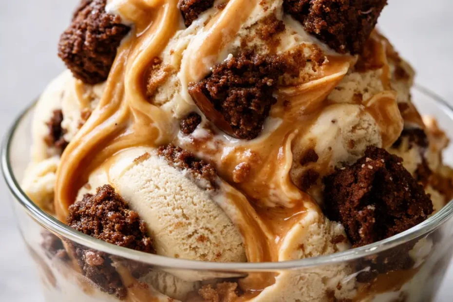 Creamy peanut butter brownie ice cream with fudgy brownie chunks and a peanut butter swirl, served in a chilled bowl
