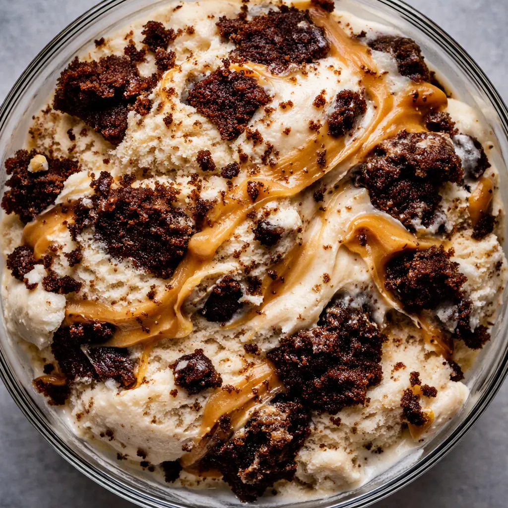 Creamy peanut butter swirling through a peanut butter brownie ice cream base, with fudgy brownie chunks adding rich chocolate color