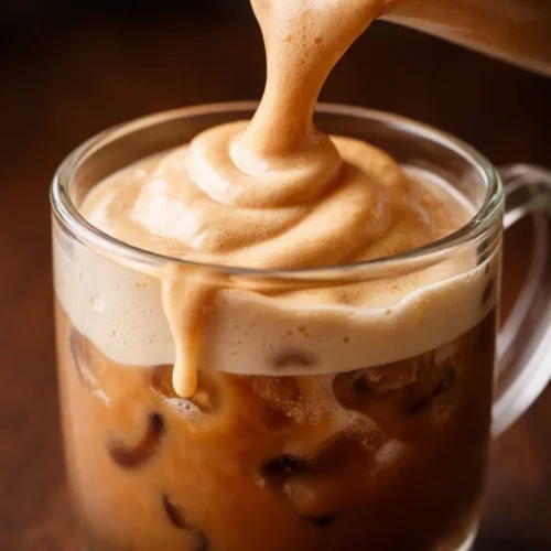 Velvety pumpkin cream cold foam crowning a glass of iced coffee, topped with a dusting of warm pumpkin pie spice