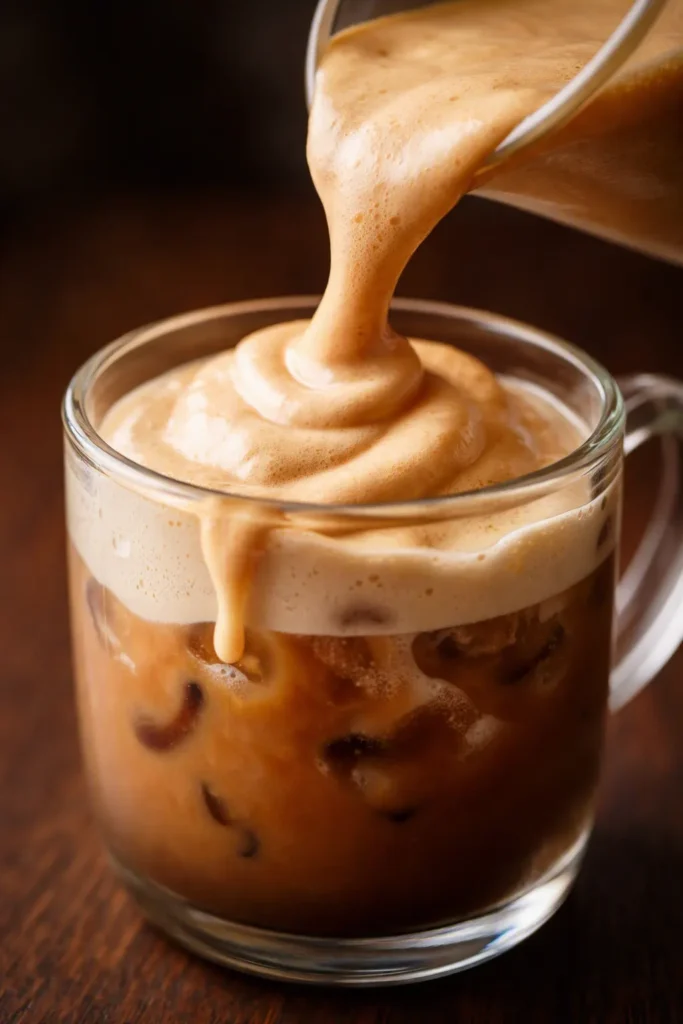 Velvety pumpkin cream cold foam crowning a glass of iced coffee, topped with a dusting of warm pumpkin pie spice