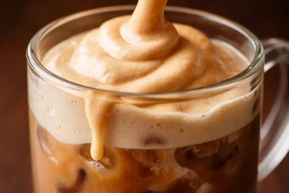 Velvety pumpkin cream cold foam crowning a glass of iced coffee, topped with a dusting of warm pumpkin pie spice