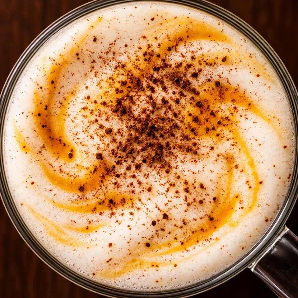 Whisking homemade pumpkin cream cold foam in a glass, showing creamy orange texture with pumpkin pie spice