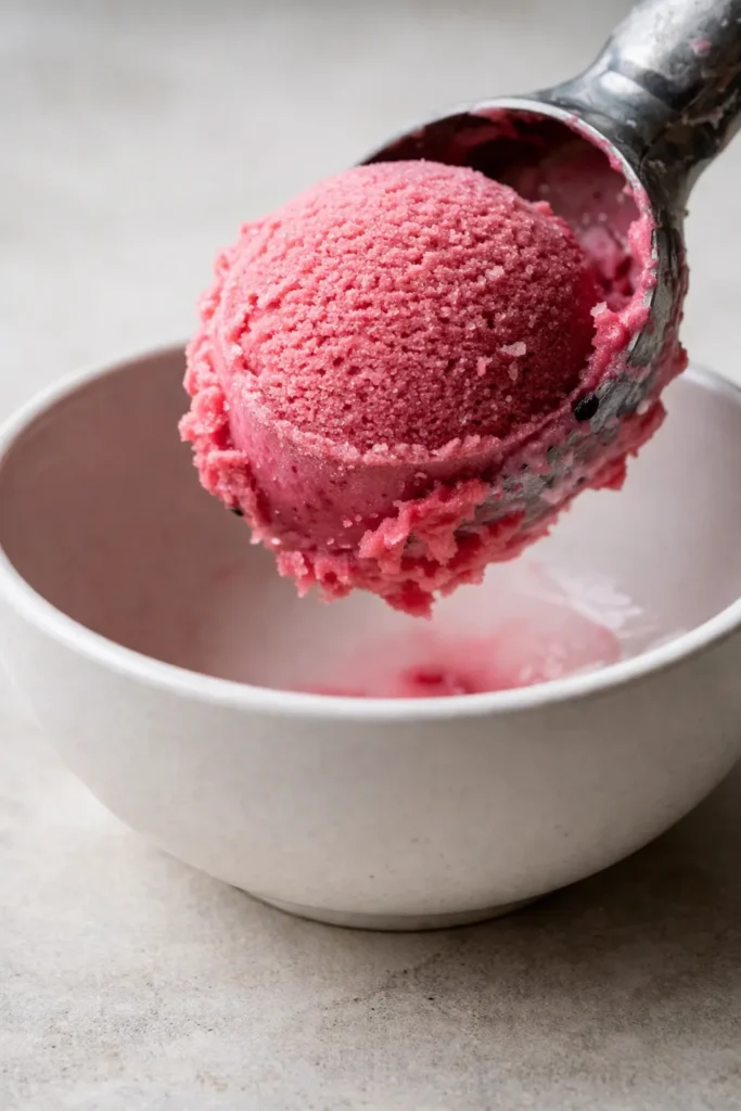 Raspberry sherbet from Ninja Creami with smooth creamy texture, vibrant pink color, and small raspberry pieces in a bowl