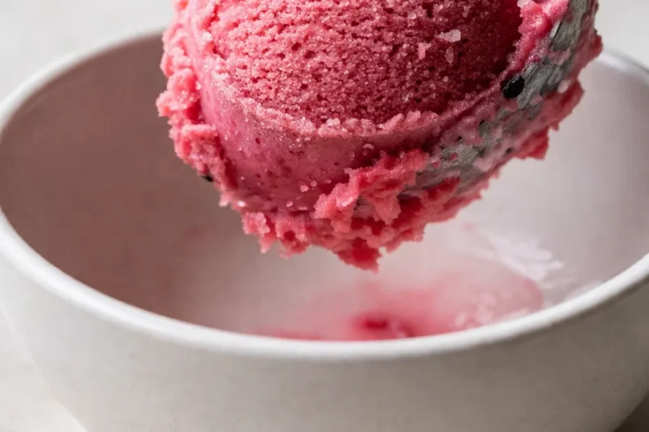 Raspberry sherbet from Ninja Creami with smooth creamy texture, vibrant pink color, and small raspberry pieces in a bowl