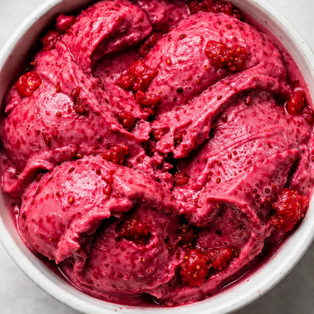 Pink raspberry sherbet mixture with yogurt and milk being poured into a Ninja Creami pint container, creamy texture