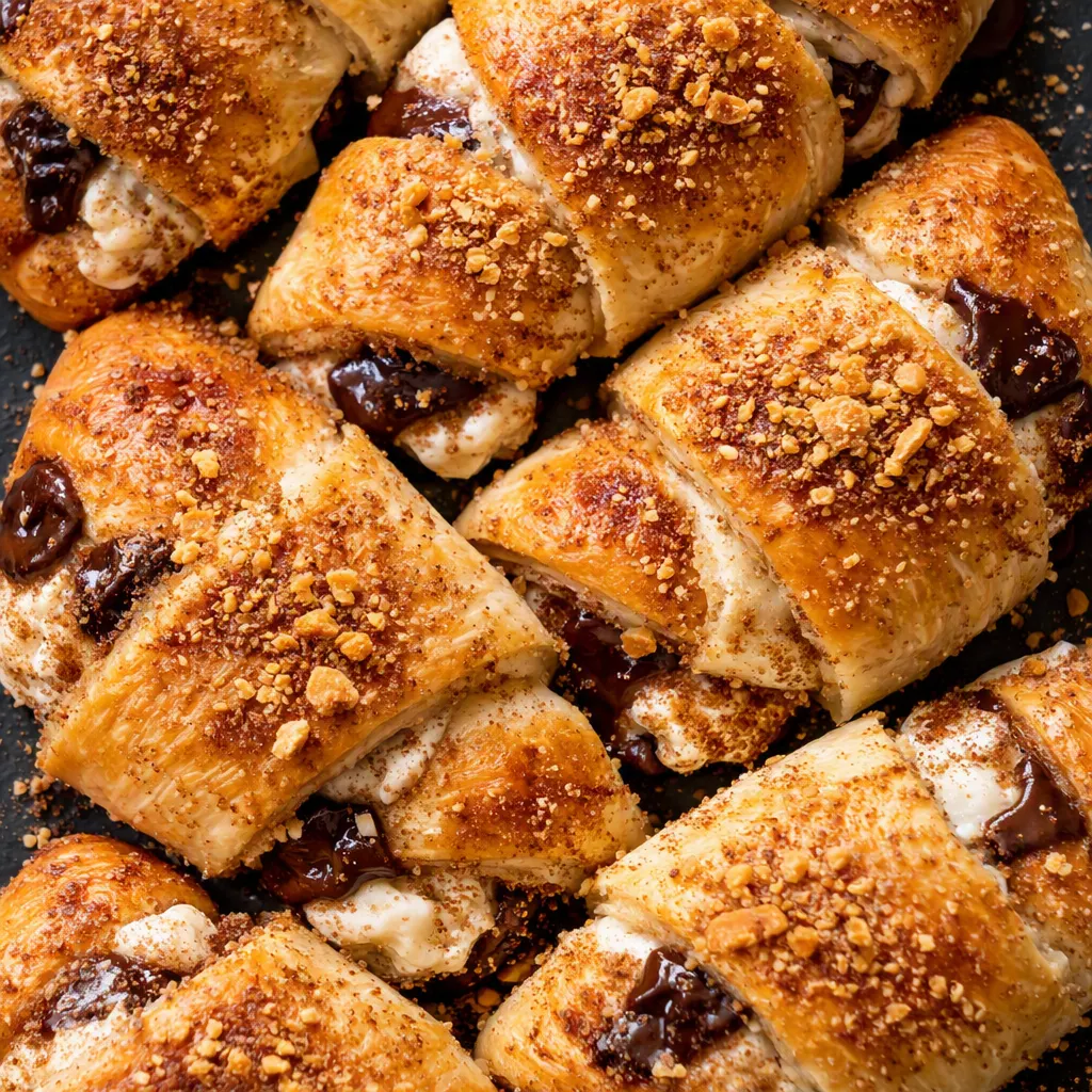 Sprinkling chocolate chips and mini marshmallows on raw crescent roll dough triangles for s'mores crescent rolls