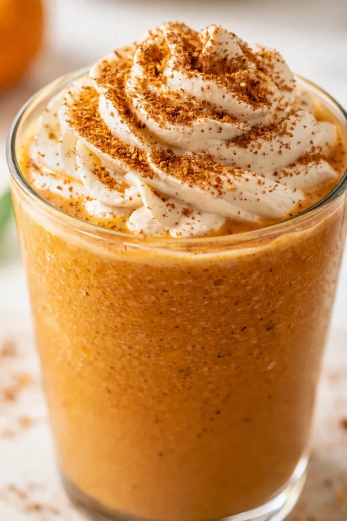 Frosted copycat Starbucks Pumpkin Spice Frappuccino with creamy whipped cream, caramel drizzle, and a spiced orange-brown swirl.