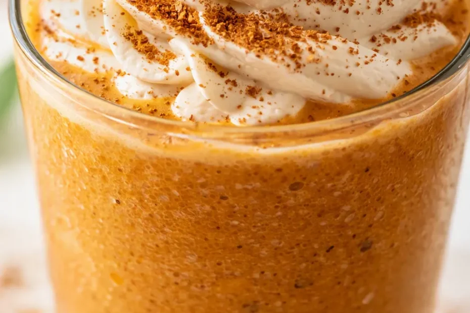 Frosted copycat Starbucks Pumpkin Spice Frappuccino with creamy whipped cream, caramel drizzle, and a spiced orange-brown swirl.