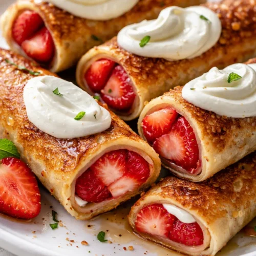 Golden crispy strawberry cream cheese stuffed pancake rolls topped with glossy strawberry sauce